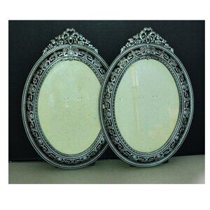 Vintage Ornate Metal Frame Pair Taiwan 1980s Hollywood Regency With Glass Decor